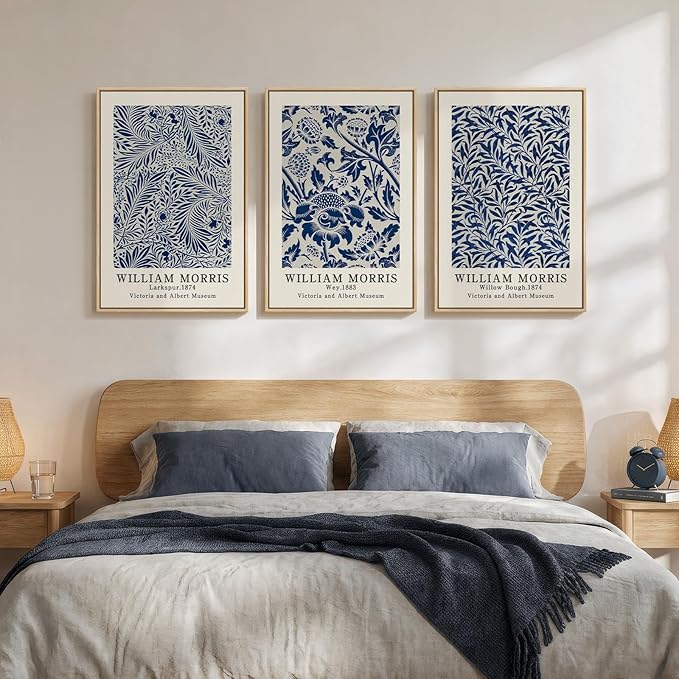 Framed William Morris Wall Art Set of 3, Large Vintage Blue Botanical Floral Canvas Prints, Farmhouse Aesthetic Wall Decor for Living Room Bedroom Hallway Office, 16x24 Inch
