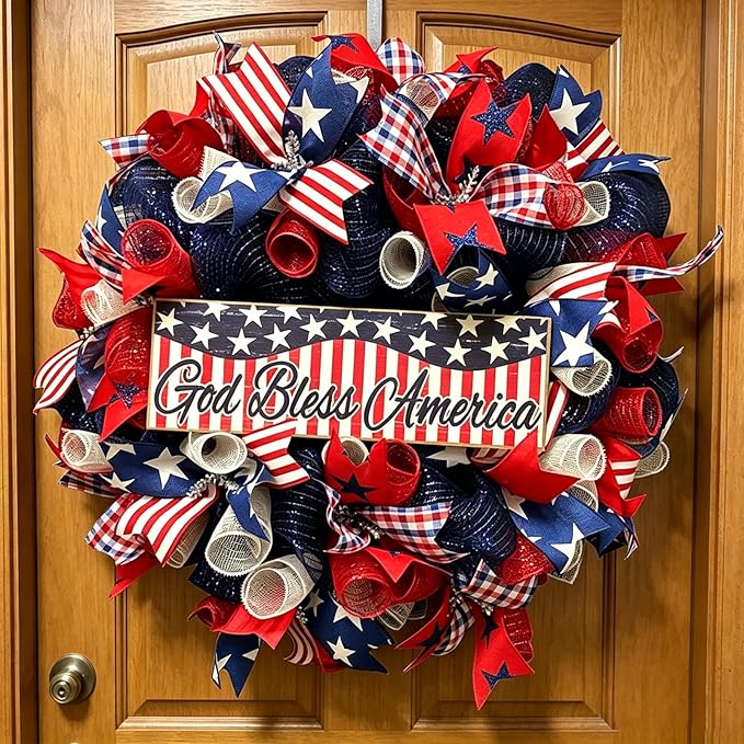 250th Anniversary Patriotic Wreath, 1776-2026 American Independence Day Wreath,16 in Red White Blue Front Door Wreath, Indoor Outdoor Home Decor for 4th of July, Memorial Day, Veterans Day (D)