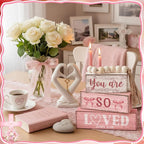 Yuntau 4 Pcs Pink Bow Decoration Christian Gifts for Women Wooden You Are So Love Farmhouse Tiered Tray Decor Inspirational Bible Verse Quotes Block Sign Table Centerpiece for Desk Shelf Room