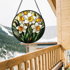 Stained Glass Window Hanging, Yellow and White Daffodils Sun Catcher for Door Home Decor Plants Flowers Suncatcher Christmas Mother's Day Birthday Gifts for Women Men Mom Nana 6.3 in