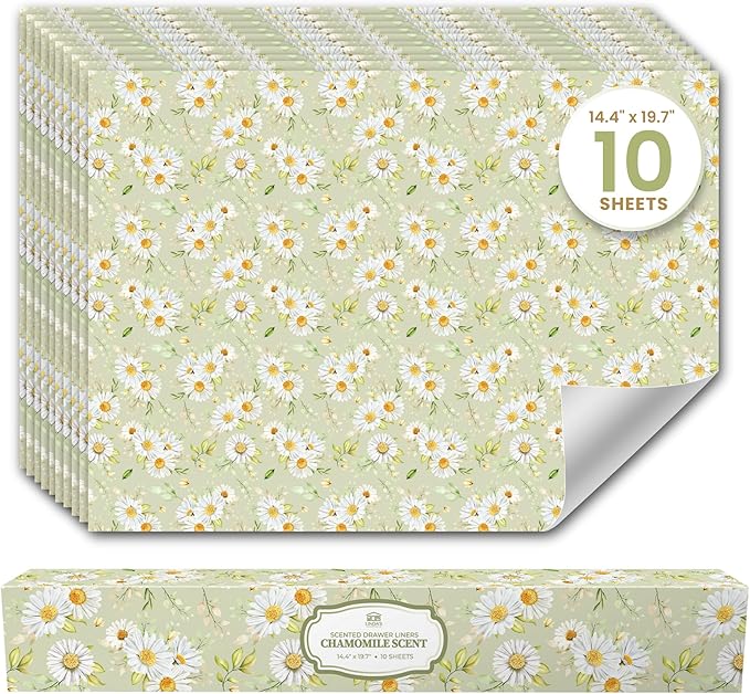 Chamomile Scented Drawer Liners for Dresser Drawers (10 Large Sheets, 19.7" x 14.4") - Non Adhesive Drawer Paper Liner for Bedroom Dresser & Closet Shelves by Linda’s Essentials