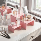 Chuangdi 2 Sets Acrylic Display Risers, Product Stand, Jewelry Display Riser Shelf Showcase Fixtures for Dessert Cupcake Candy Figure Treat Action Showcase(Pink,Small Set)