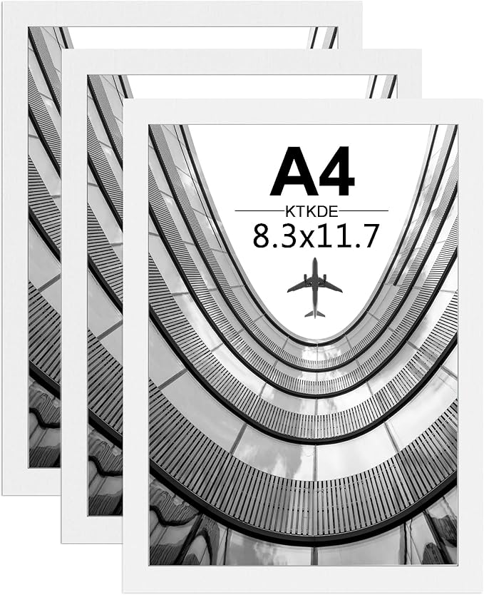 KTKDE A4 Picture Frame Set of 3,White Wooden Photo Frame for Certificate Poster and Photo, Horizontal or Vertical Formats 8.3x11.7 Frame with Shatter Resistant Plexiglass Home Decor best gift
