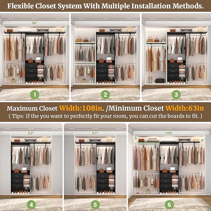 Aheaplus Closet System, Closet Organizer with 3 Wooden Drawers, 8FT Closet Organizer System, 96’’ Walk-in Closet Wardrobe Clothes Rack with Hanging Rods, Adjustable Garment Rack, Fits 5.3-9 ft, Black