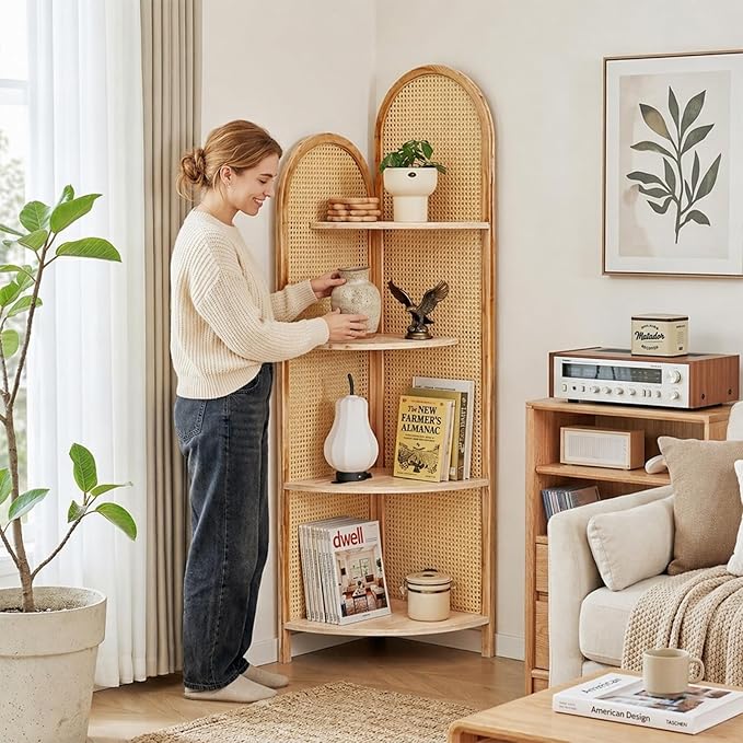 4 Tier Farmhouse Corner Shelf, 70" Tall Pine Wood and Rattan Corner Bookshelf for Small Spaces, Freestanding Display Shelf for Living Room, Bedroom, Bathroom, Kitchen, Natural