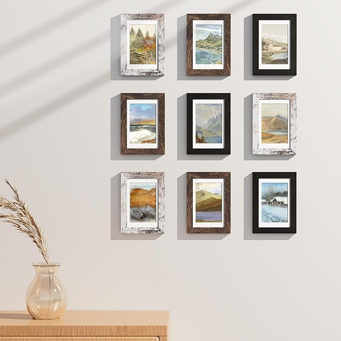 Vittanly 4x6 Picture Frames Set of 9, Display 3.5x5 Pictures with Mat or 4x6 without Mat, Photo Frames for Wall or Tabletop with Plexiglass, Engineered Wood, Black&Brown&Distressed White