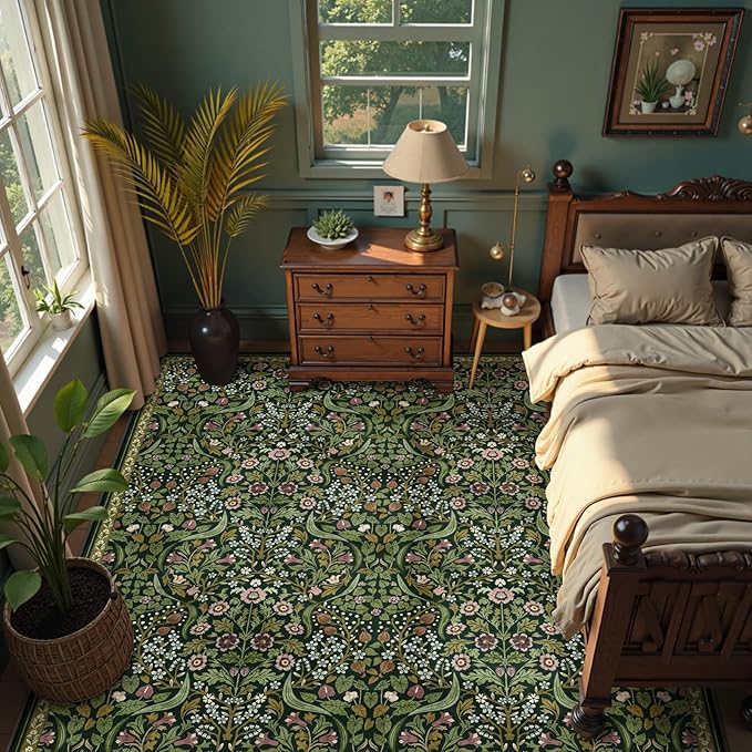 Moynesa Floral 9x12 Area Rug, Green Washable Living Room Rug, Boho Large Dining Room Rug, Non Slip Ultra Thin Botanical Soft Floor Carpet for Bedroom Home Office Farmhouse, Green