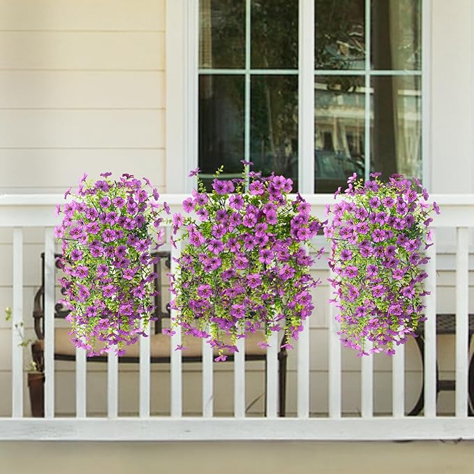 Artificial Hanging Flowers for Outdoors Spring Decoration, 2PCS Silk Fake Daisy Realistic Outdoor Flowers UV Resistant Porch Patio Window Yard Decor(Purple)