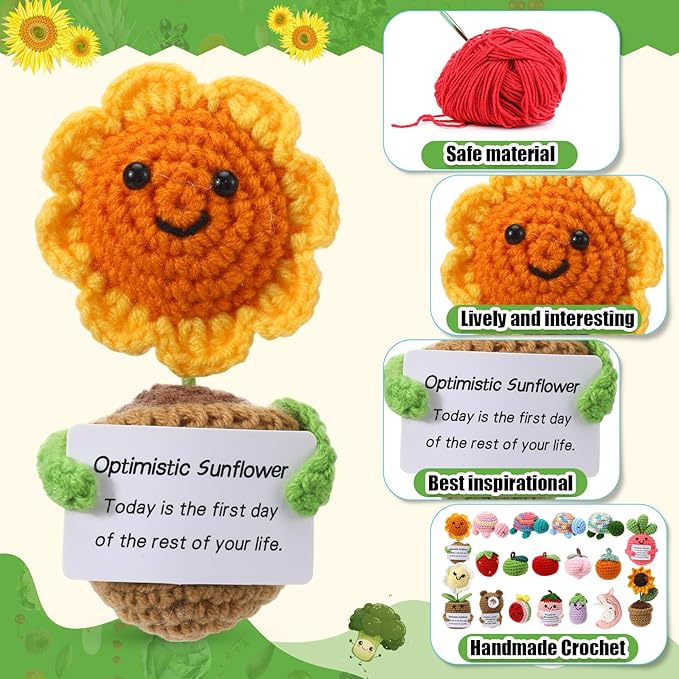 VioraWhite 18 Pcs Christmas Positive Fruit Crochet Animal Dolls with Cheer Cards Stocking Fillers Emotional Crochet Potato Support Handmade Knitted Toy Bulk for Employee Appreciation Gifts