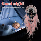 Dream Catcher, Handmade Dreamcatcher with Healing Crystal Stone, Tree of Life Dream Catchers Hanging Ornament for Home Bedroom Birthday Party, Perfect Craft Gift for Kids (Double Pink)