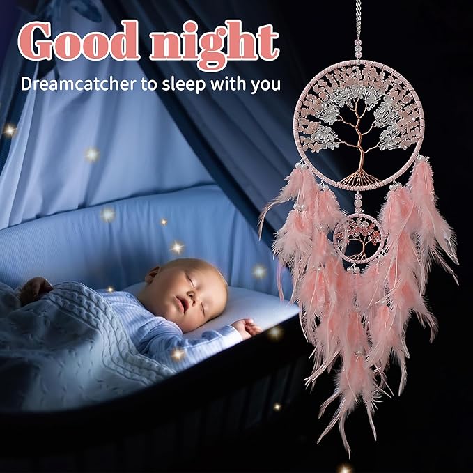 Dream Catcher, Handmade Dreamcatcher with Healing Crystal Stone, Tree of Life Dream Catchers Hanging Ornament for Home Bedroom Birthday Party, Perfect Craft Gift for Kids (Double Pink)
