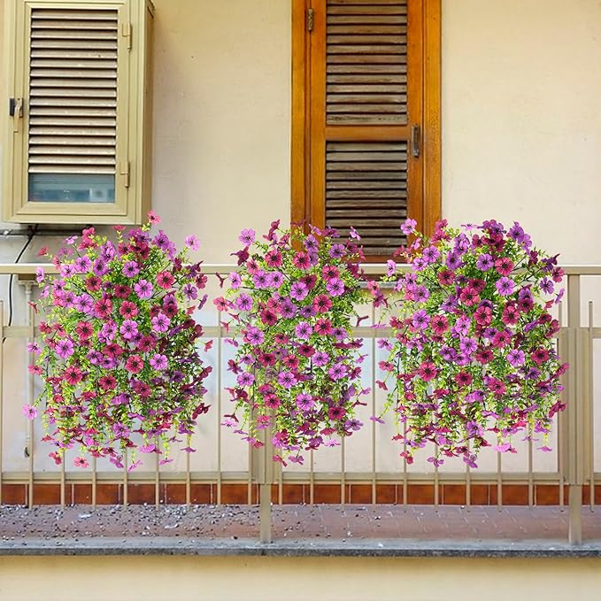 Artificial Hanging Flowers for Outdoors Spring Decoration, 2PCS Silk Fake Daisy Realistic Outdoor Flowers UV Resistant Porch Patio Window Yard Decor(Light Purple Red)