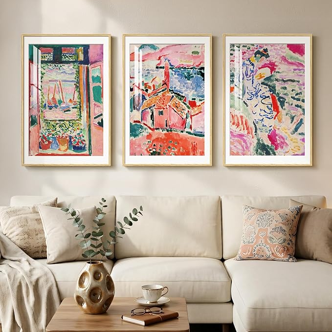 Large Framed Matisse Wall Art for Living Room, Set of 3 Colorful Abstract Landscape Wall Painting Prints, Vintage Retro Aesthetic Wall Decor for Dining Room Bedroom Office Hallway 24x36 Inch