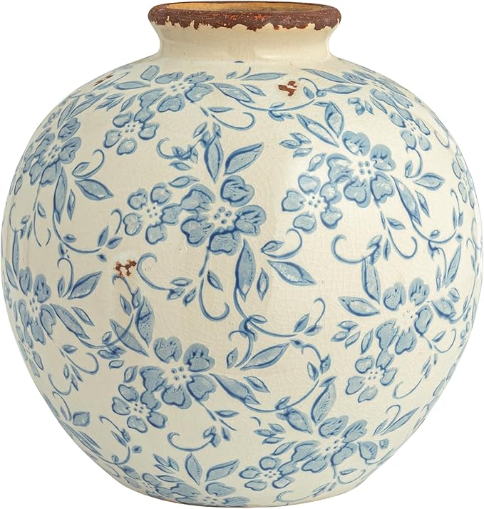 Creative Co-Op DF2720 8" H Terracotta Floral Transferware Pattern & Crackle Finish Vase, Blue