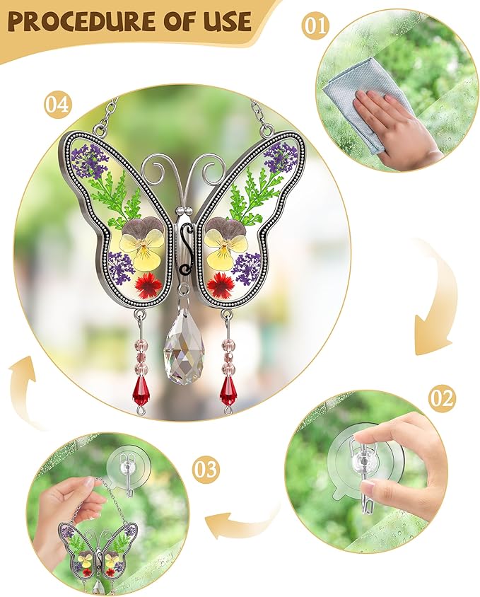 KY&BOSAM Butterfly Suncatchers Gifts for Mom Family Friends Stained Glass Suncatchers for Windows Hangings Wind Chimes Real Flower Colorful Crystal Outdoor for Garden Indoor Home Trees Party Decor