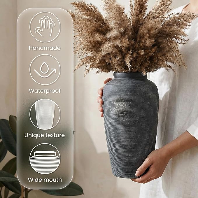 Rustic Distressed Ceramic Threaded Vase, 11"H Handmade Wabi Sabi Decor Vase (Deep Charcoal with Light Gray Weathering and Wheat Beige Patches) for Living Room Table Centerpieces, Entryway & Fireplace