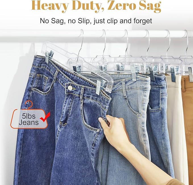 HOUSE DAY 100 Pack Skirt Hangers with Clips, Clear Plastic Pants Hangers with 2-Adjustable Clips，Non-Slip Clip Hanger for Pant, Skirts, Shorts, Bulk Retail Hanger