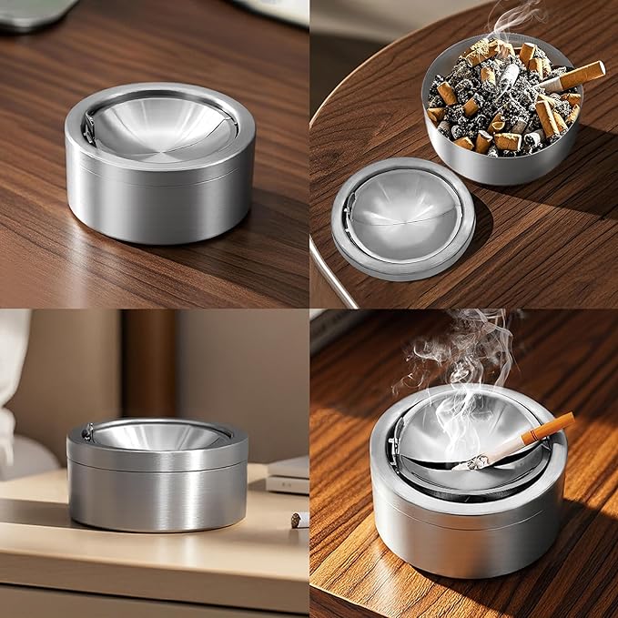 Windproof Ashtray with Lid - Heavy Duty Stainless Steel Ash Tray for Weed and Cigarettes, Smokeless Indoor Outdoor Table Top Cigarette Butt Disposal for Patio Home Office