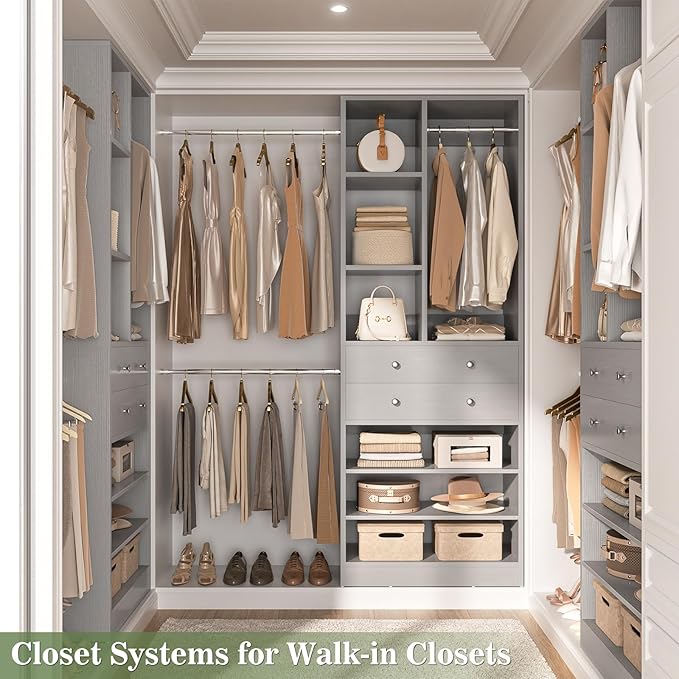 Closet System, 4.2–8.8 FT Closet Organizer with 2 Wooden Drawers and Shelves, Walk-in Closet System with 5 Hang Rods, Built-in Closet Tower, Can Fit 60 to 96 inch, Morandi Grey
