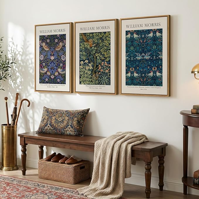 Large Framed Vintage William Morris Wall Art for Living Room, 3 Pieces Strawberry Thief Canvas Artwork for Walls, Retro Classic Floral Illustrations Paintings Pictures for Bedroom, Dining Room, Hallway, Office Wall Decor, Total Size 30x60 in