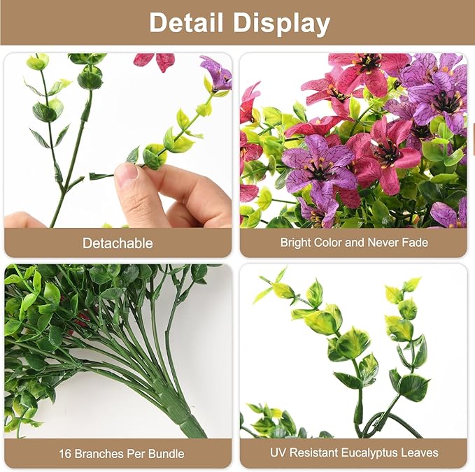 Artificial Hanging Flowers for Outdoors, 2 Pcs Fake Hanging Plant Spring Summer Decor, UV Resistant No Fade Realistic Faux Flower for Front Door Porch Planter Patio Garden Yard(Light Purple Red)