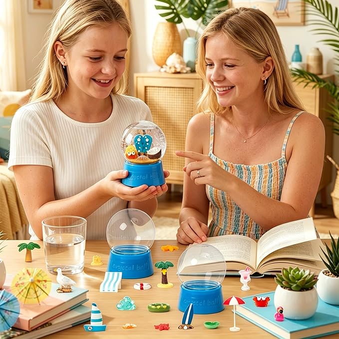Summer Snow Globes Craft Kit - 8 Set DIY Plastic Snow Globe Craft with Mini Resin Coconut Trees, Make Your Own Party Favor Decor with Glitter for Classroom Activity Gift (Beach)
