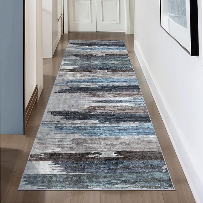 Ciicool 2'6"x10' Washable Runner Rug, Modern Abstract Hallway Rugs Runner, Non-Slip Thin Accent Rug Lightweight Navy Grey Print Distressed Carpet for Laundry Entryway Bedroom Kitchen Indoor