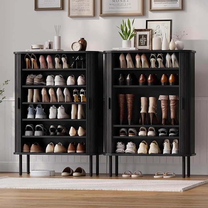 ONBRILL 6-Tier Shoe Cabinet with Sliding Door, Wooden Shoe Storage Cabinet with Adjustable Shelves, Mid-Century Modern Freestanding Shoe Storage Organizer for Entryway, Hallway, Living Room, Black
