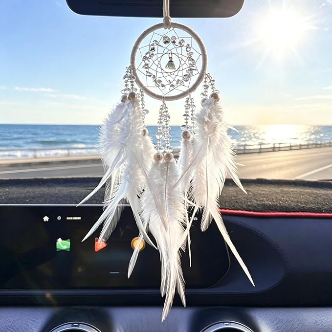 Dream Catcher for car,car Decorations for Women,Feather Dream Catcher Crystal Charm Bling Deco Accessories Hanging Ornaments,Christmas Hanging,Xmas Gift for Girl (White)