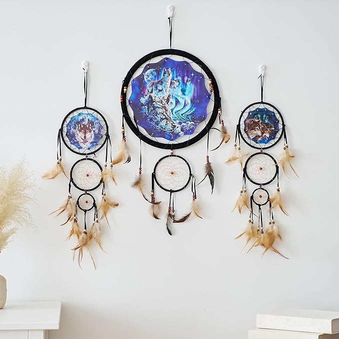 Remorelt 3PCS/Set Large Size Dream Catcher Wolf & Eagle Pattern Hanging Decor, Native American Style Ornament for Home, Dorm, Car,Wolf Decor Wolf Gifts for Wolf Lover(DC04 13Inch Set 3 Mix)