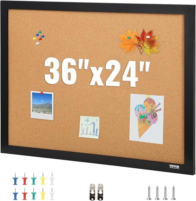 VEVOR 24 x 36 Cork Board, Large Bulletin Board with Black MDF Frame, Wall Mounted Pin Board for Office, School and Home Decor, Hanging Message Board for Pictures and Notes, 10 Push Pins Included