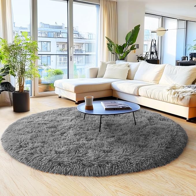 6‘x6’ Grey Round Rug for Bedroom, Ultra Soft Fluffy Circle Rug for Kids Girls Boys Room, Cute Shag Rugs for Living Room Playroom Teen Room Home Decor Rug