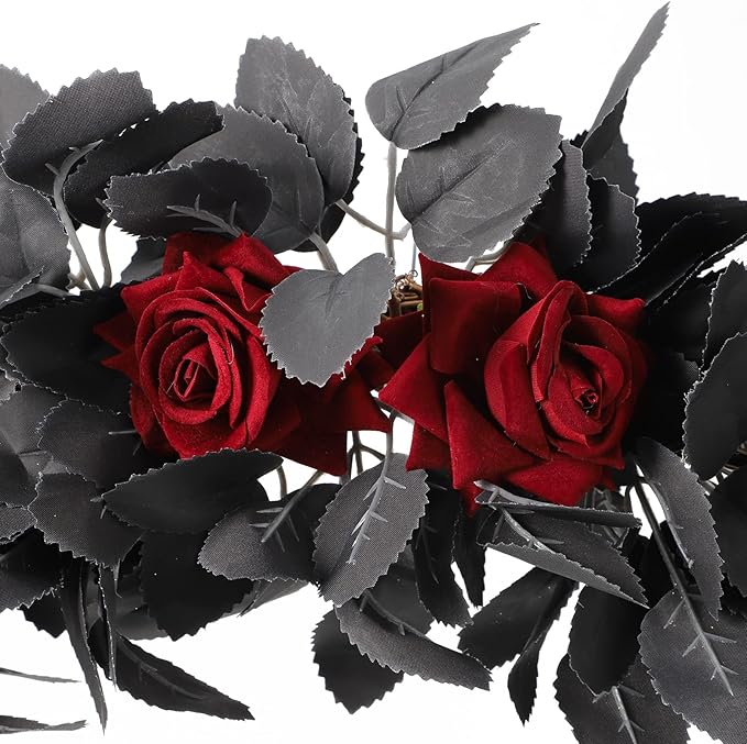 Artificial Flower Swag, Rose Eucalyptus Floral Swag Black Decorative Swag, Decorative Swag with Black Eucalyptus Leaves for Halloween Home Front Door Lintel Wedding Arch Party Tabletop Wall Decor(A2)