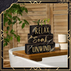 Moucuny 4 Pcs Black and Gold Bathroom Shelf Decor Sign Farmhouse Bathroom Decor and Accessories Rustic Eucalyptus Leaves Block Sign Gift Relax Soak Unwind Farmhouse Table Centerpiece for Home Toilet