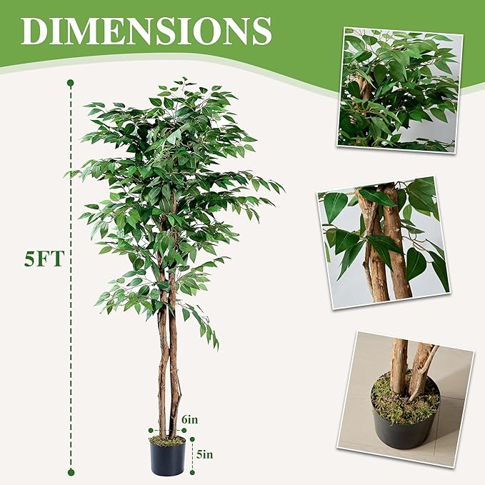 VECELO Artificial Ficus Tree with Sturdy Nursery Pot, 5FT Faux Silk Plant for Indoor Outdoor Home Garden Decor, 2 Pack