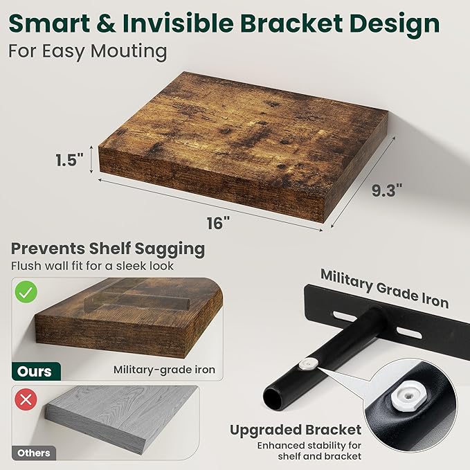 Floating Shelves for Wall 16 in x 9.3 in Deep, Wall Mounted Rustic Wood Shelf with Invisible Brackets for Storage & Display, Living Room Bedroom Bathroom, Brown, 2 Pack
