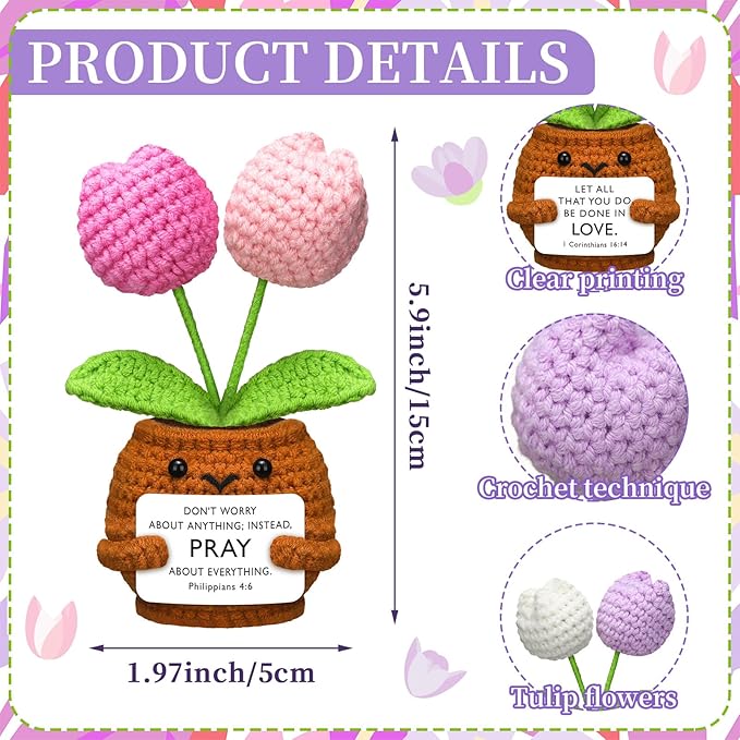 Wavwavw 6 Pcs Christian Gift for Women Inspirational Religious Gifts Positive Faith Scripture Crochet Handmade Bible Verse Crochet Doll with Prayer Card for Vbs Church(Tulip)