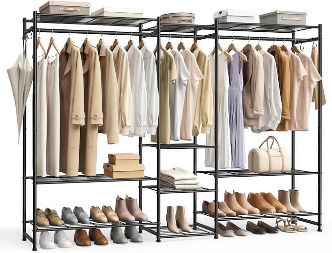 SONGMICS Portable Closet Wardrobe, Heavy-Duty Clothes Rack, Freestanding Clothing Rack with 10 Shelves, 3 Hanging Rods, 4 S‑Hooks, Metal Frame, for Bedroom, Entryway, Living Room, Black ULGR011BZ03S