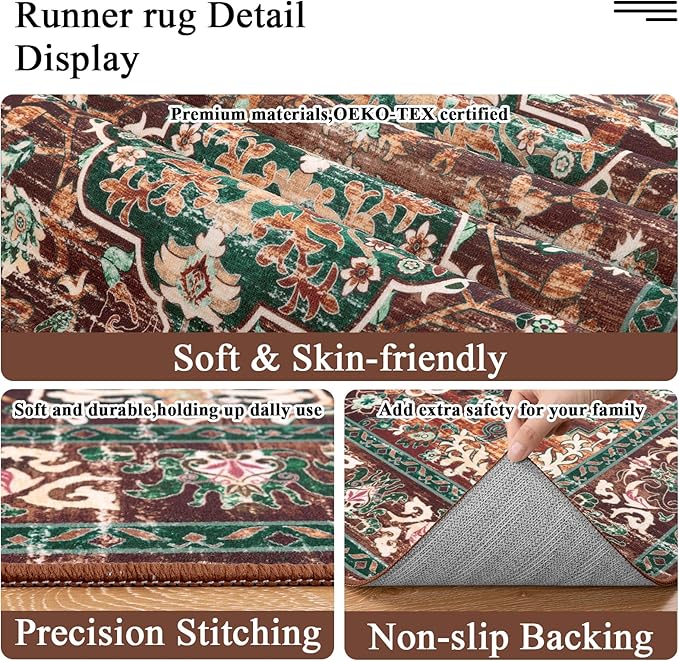 U'Artlines 3' x 18' Boho Hallway Runner Rug, Rust Non Slip Washable Vintage Farmhouse Accent Rug Carpet for Kitchen Entryway Laundry and Living Room (Rust＆Teal)