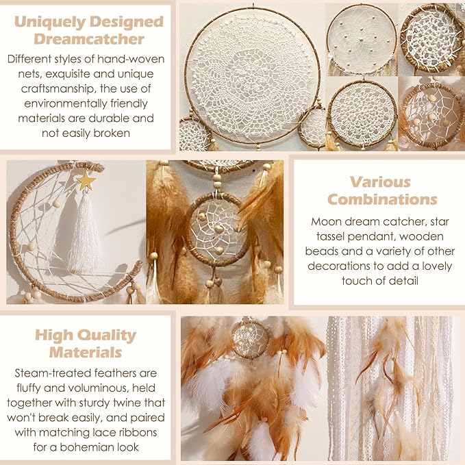 Dream Catcher Boho Macrame Wall Art - 31" Large Feather Dreamcatchers for Bedroom Moon Wall Decor by Native American for Women, Teen Girls