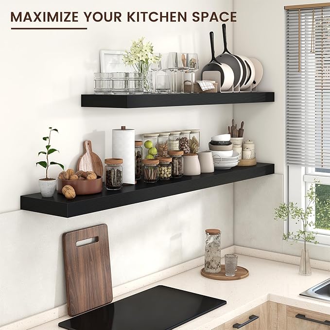 Venusmiles Floating Shelves for Wall, 55 Inch Wide x 12 Inch Deep Floating Shelves, Long Wood Floating Wall Shelf Shelves for Living Room Bathroom Bedroom Kitchen Home - (Black, 55" W x 12" D x 2" H)