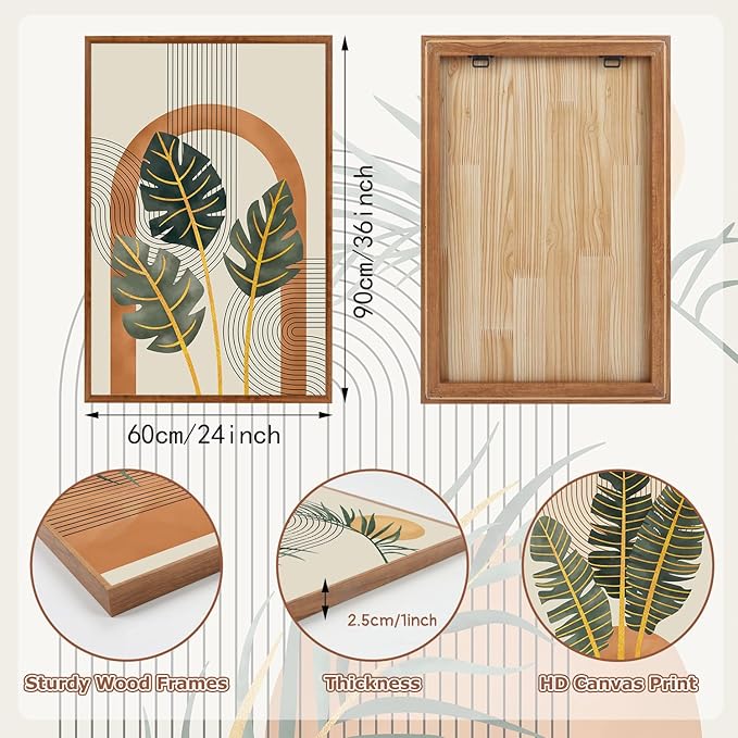 KAIRNE Boho Canvas Wall Art,Abstract Minimalist Room Decor,Tropical Botanical Wall Decor,Mid-Century Geometric Illustrations Set of 3(24”X36”),Botanical Print for Living Room Bedroom Dining Room Decor