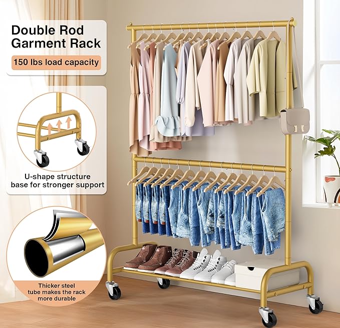 MISSLO Gold Clothing Racks for Hanging Clothes Heavy Duty Clothes Rack Double Garment Rack Metal Rolling Coat Rack Closet Wardrobe Rack on Wheels