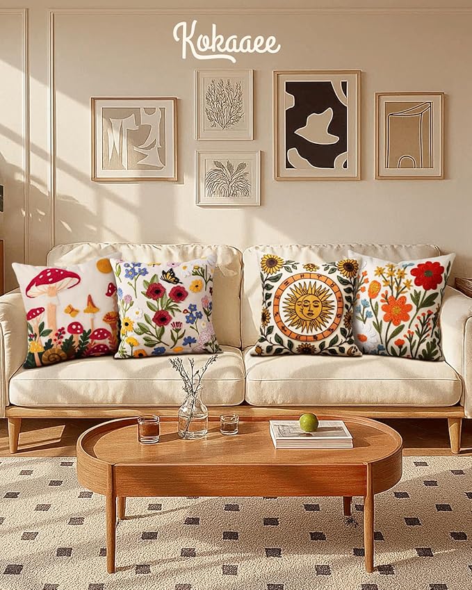 Embroidered Throw Pillow Covers 18x18 Inch - Set of 2 Summer Spring Boho Decorative Pillow Covers with Zipper for Living Room Couch Sofa Bed Aesthetic Design Flower Cluster Cushion Pillowcases