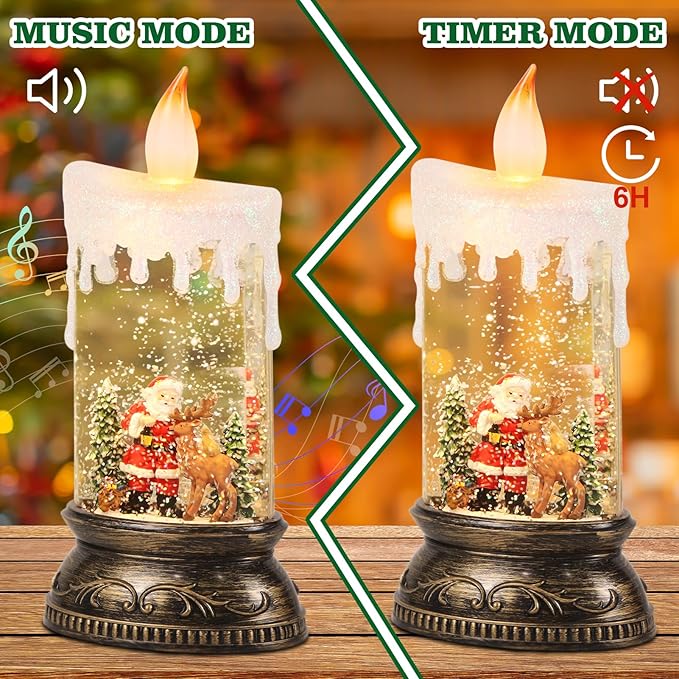 Wondise Rechargeable Musical Snow Globe Lantern with 6H Timer, Battery Operated USB Powered Lighted Snow Globe Lamp Spinning Water Swirling Glitters Holiday Decor Santa Deer