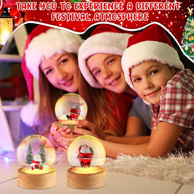 Irenare 12 Pcs 3.9 Inch DIY Snow Globe Kit, 6 Make Your Own Snow Globe Craft with 6 LED Light Wooden Base Clear Plastic Dome for Winter Decor Keepsake Gift Plant Terrarium Display(Wood Base)