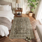 Washable 3x5 Entryway Rug, Boho Non-Slip Vintage Distress Small Rugs for Kitchen Nursery Office Bedroom, 0.3" Neutral Oriental Throw Thin Carpet with Cushioning Pad, Tan/Flaxen/Multi