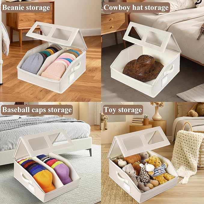 2 Pack Hat Storage for Baseball Caps-Holds Up to 48 Caps, Hat Organizer for Closet Stackable Hat Box with Cardboard, Dustproof Baseball Cap Organizer with 2 Handles for Home Travel (Beige, 2Pack)