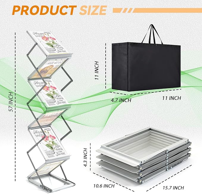 6 Pockets Aluminum Foldable Magazine Rack Floor, Brochure Magazine Display Stand, Brochure Holder, Literature Rack with Carrying Bag for Trade Shows, Exhibition, Office, Retail Store