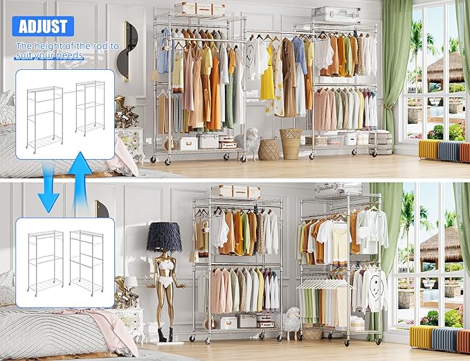 Simple Trending Heavy Duty Clothes Rack Clothing Rack with Wheels and 4 Hanging Rods, Adjustable Rolling Garment Racks, Load 560 LBS, Chrome